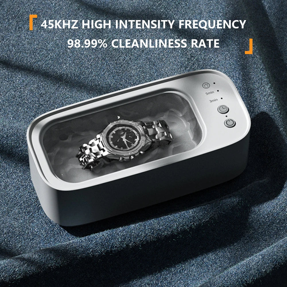 Portable Ultrasonic Cleaning Machine 45KHZ High Frequency Vibration Cleaner 360° Timing Washing for Jewelry/Eyeglass/Makeup Tool